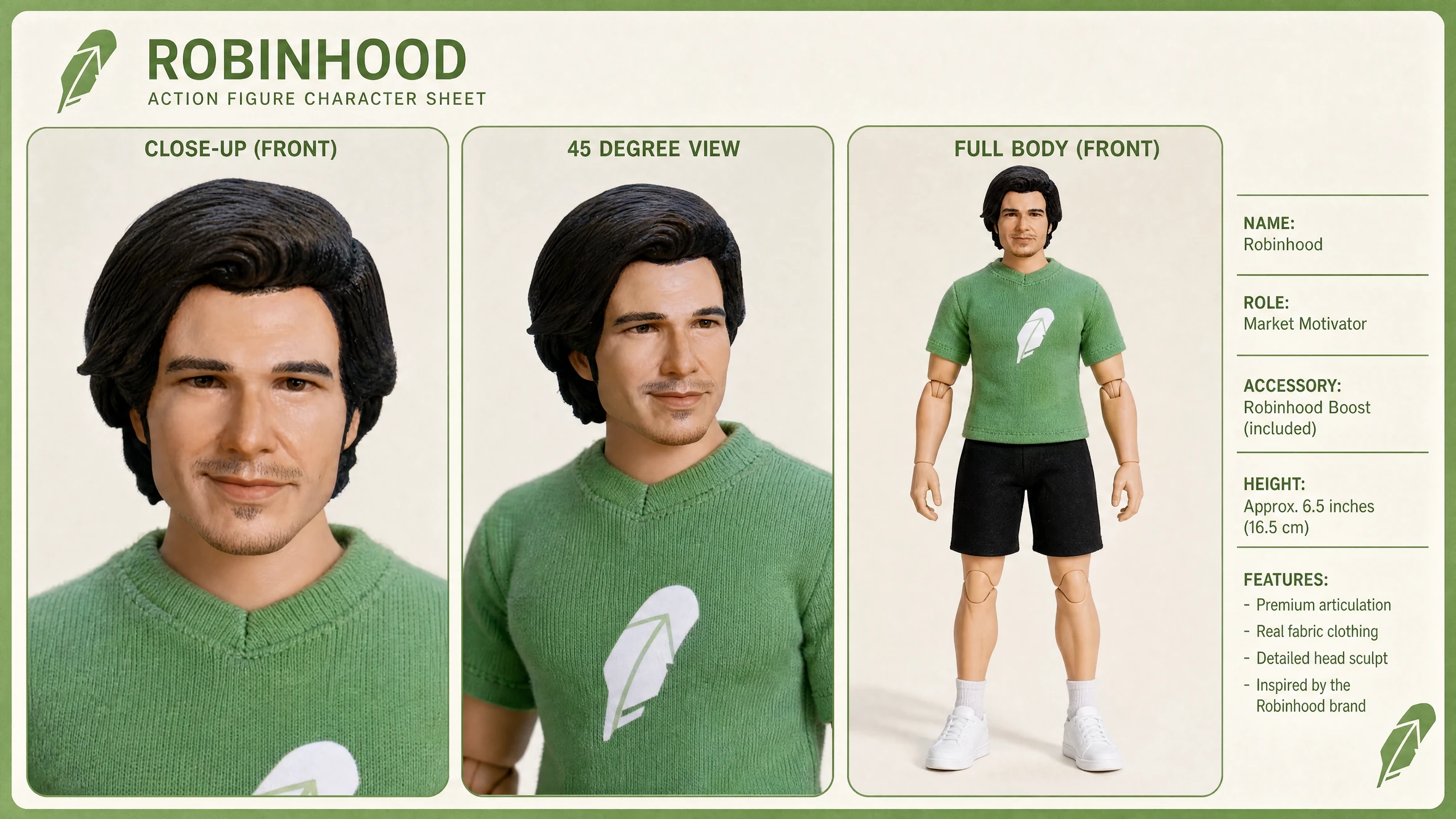 $VLAD action figure character sheet: close-up, 45-degree and full-body views, with
                  name, role, accessory, height and features listed alongside